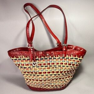 Brighton Vintage Red Leather Trimmed Woven Straw and Denim Shoulder Tote Bag